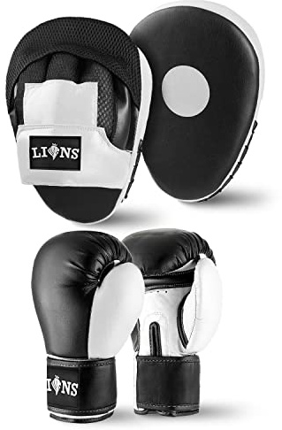 Lions Focus Pads and Gloves Set - Boxing Hook and Jabs Sparring Punch Martial Arts MMA Punching Mitts Muay Thai Kickboxing Coach Glove Sets for Men Women (INJECTION - WHITE, 10OZ)