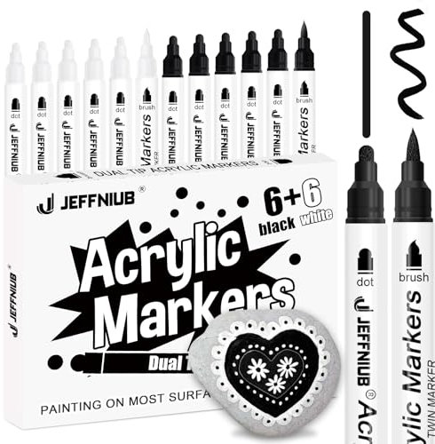JEFFNIUB Acrylstifte Schwarz Weiß Wasserfest 12pcs Acrylstifte für Steine Wasserfest Brush Tip Dual, Acrylstifte für Holz, Metall, Glas, Stoff Multimarker