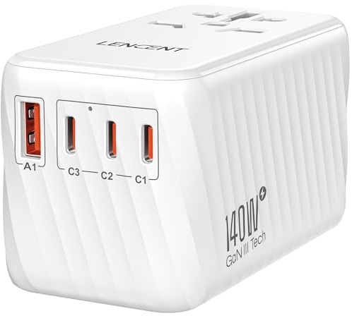 LENCENT 140W Snabb Laddning Universal Reseadapter över Hela Världen, GaN | Internationell Travel Adapter med 3 PD3.1 Typ C+1 QC USB A, Socket Adapter Worldwide för DE USA UK IT AUS CN, Typ C/G/A/I
