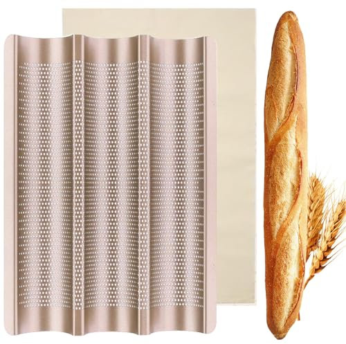 QIYILE Baguette Backform, Baguetteblech Baguetteform für 3 Baguettes Stahl Brotbackform mit Bäckerleinen Antihaftbeschichtung Baguette Backblech Brot Backen Zubehör, 38.5X27.5CM