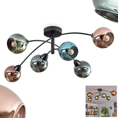 HOFSTEIN Deckenleuchte Linneryd, Deckenlampe aus Metall/Glas in Schwarz/Grün/Kupfer/Blau/Türkis, Leuchte im Retro/Vintage-Design, Schirme aus Glas, 6 x E27, Schlafzimmer, Wohnzimmer, Küche, Esszimmer