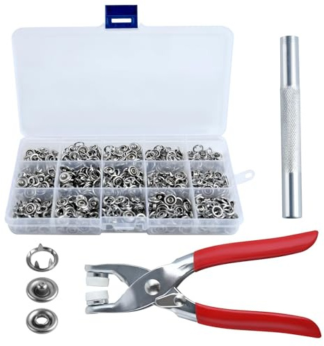 LEONTOOL Kit med öljett, 200 set, tygknappar, fästanordningskit, 10 mm, metallknappar, med fästanordning för fästanordning tång, pressverktyg och förvaringslåda för tygläderbältesskor