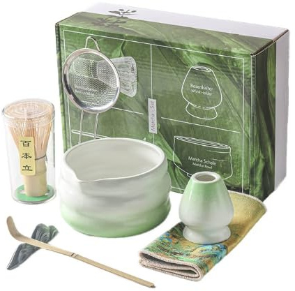 GOEDCH Set di 6 fruste Matcha, set da 6 pezzi, set da tè in ceramica di alta qualità, cucchiaio di bambù e colino, set da tè giapponese, set matcha, elegante set per la casa per gli amanti del tè