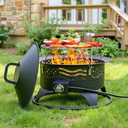 Panovue Foyer portable au propane de 61 cm avec gril, 60 000 BTU - Cheminée d'extérieur au gaz avec pierres de lave et flamme réglable - Foyer au gaz sans fumée pour terrasse, camping et
