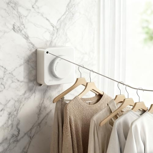 oupados 4.8M Edelstahlseil Weiß Wäscheleine Ausziehbar,Nicht DurchhäNgende Einziehbare Wandmontage Retractable Clothesline Kleidung Wäscheleine für Balkon,Hotel,Wäschekammer