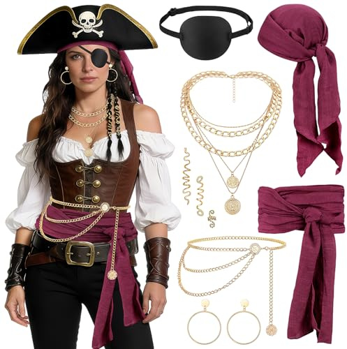SelfTek karneval piratdräkt dam – 7 stycken medeltida piratdräkt tillbehör huvudduk halsband midjebälte höftkedja örhängen hårsmycken ögonlapp för karneval fest