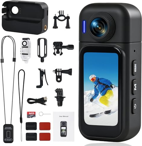 Hiwoor Caméra Sport 360° Action Camera, Objectif Rotatif 180°, Écran Tactile, Grand Angle 120°, Batterie 8h, Étanche 30M, Wi-FI, POV Mains Libres – Idéale Vélo Voyages 10+ Accessoires & Carte 64G