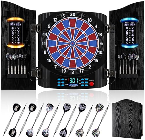 Yirinatek Electronic Dart Board, Electric Dartboard for Adults [12*Bronze Soft Tip Darts] 8-Color LED Scoring for 8 Players- Dart Board Cabinet with Rustic Wood Doors for Home & Bar - Black