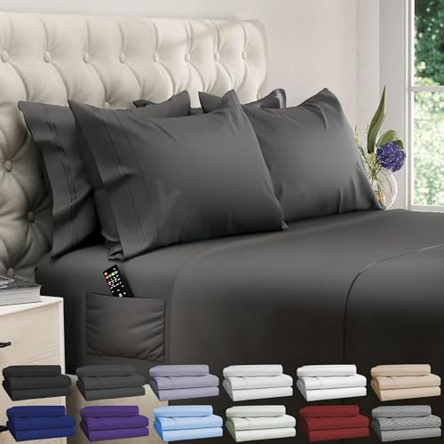 DREAMCARE King Size Sheets Set - 6 pcs Breathable Cooling Bed Sheets - up to 21 Extra Deep Pocket King Sheet Set with Side Pockets - Extra Soft 100% Brushed Hypoallergenic Hotel Luxury Bedding - Gray