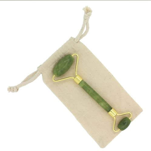 Sun & Sia – Masajeador Facial de Piedra Natural – Rodillo de Jade (+ Funda), Ideal para refrescar el Tinte, Tratar los Bolsillos y ojeras, estimular la circulación, Piel más Firme y elástica