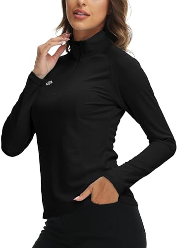 AjezMax Damen 1/4 Reißverschluss Trainsshirt Langarm UPF 50+ T-Shirt Sportshirt Workout Gym Yoga Fitness Funktionsshirt Schwarz X-Large