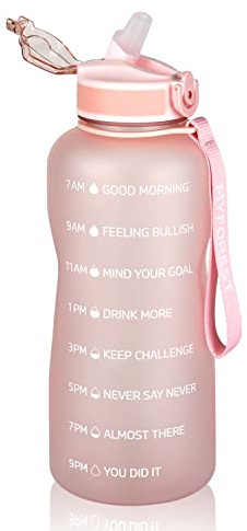 MYFOREST Sports Water Bottle, Time Marker for Motivational Hydration, Drop-proof, BPA-free, Wide Mouth for Easy Clean: Cold/Hot/Carbonated/Cider (2.2 L Frosted Pink, 2200 ml)