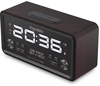 Inscabin W20B DAB/DAB+ FM Digital-Radiowecker mit großem Bildschirm, tragbarer kabelloser Lautsprecher mit Bluetooth,schönes Design für Schlafzimmer, Küche, Büro (W20B-Black Walnut)