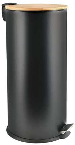 Spirella Mülleimer, Edelstahl, Bambus, sanfter Verschluss, mit Innenbehälter, Adonis, Badezimmer, Treteimer, Mülleimer, Mülleimer, Fallbremse, Mattschwarz, 30 l, Schwarz