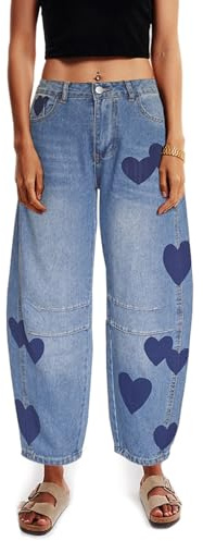 Djeanxa Barrel Jeans for Women Mid Rise Heart Printed Denim Ankle Pants Vintage Baggy Boyfriend Jeans, Blue, M
