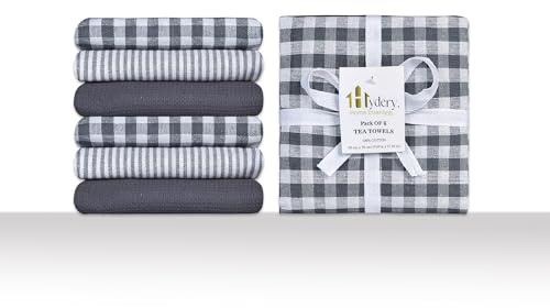 Hydery Tea Towels 100% Cotton – Pack of 6 Grey Kitchen Towels, Soft & Absorbent Dish Cloths, Quick Dry & Durable (70x50cm)