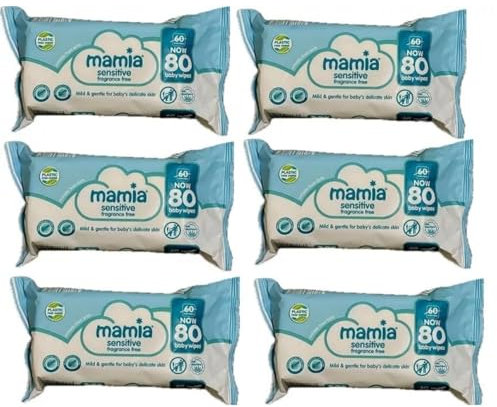 Mamia Baby Wipes, Sensitive, Fragrance Free, 480 Wipes, 6 Packs of 80