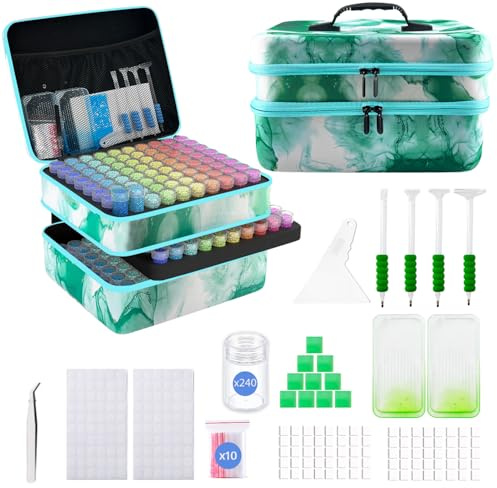 SuSentak 240 Slot Diamond Art Storage Box | Green Bead Organizer Case with Drill Tools, Portable Craft Box, For 5D DIY Art Kits