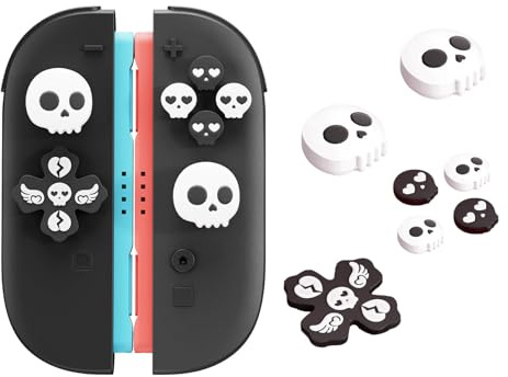 JINGDU Thumb Grips & Button Caps Set Compatible with Nintendo Switch 2 (2025) – 7pcs Black/White Skull Silicone Joystick Caps and Button Covers, Comfortable Controller Stick Gifts for Kids & Gamers