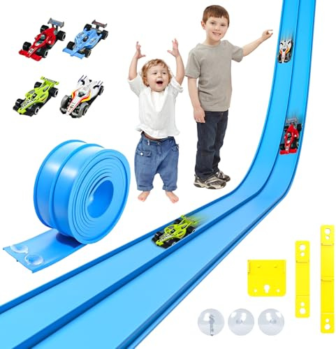 Doloowee 3.9M Geschwindigkeitsstrecke Rennstrecke, Flexible Rennbahn mit Saugnäpfen, DIY-Autobahn mit 4 Autos, Spielzeug für Kinder ab 3 Jahren