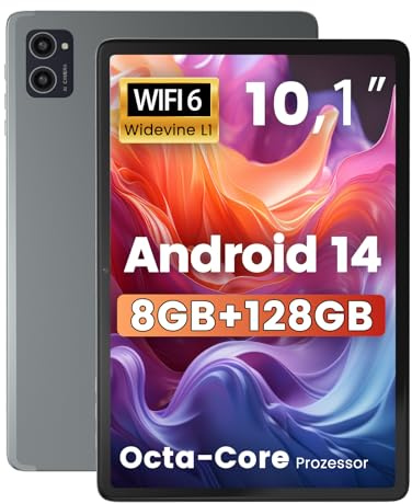 Azeyou Tableta Android 14 de 10.1, Procesador Octa Core, 8GB+128GB+1TB de Expansión, Batería de 6000mAh, Pantalla Táctil IPS de 1280x800, WiFi 6, Cámara Dual, Desbloqueo Facial, Widevine L1, GMS