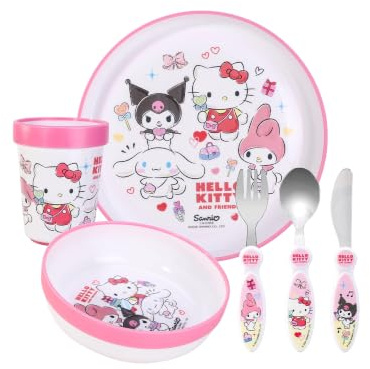 Hello Kitty & Friends Kids 6 Piece Dinner Set - Cup, Bowl, Plate & Cutlery | Lightweight & Kid-Friendly Dinnerware Set Includes Knife, Fork & Spoon, Plastic Tableware Set | Easy to Hold Design