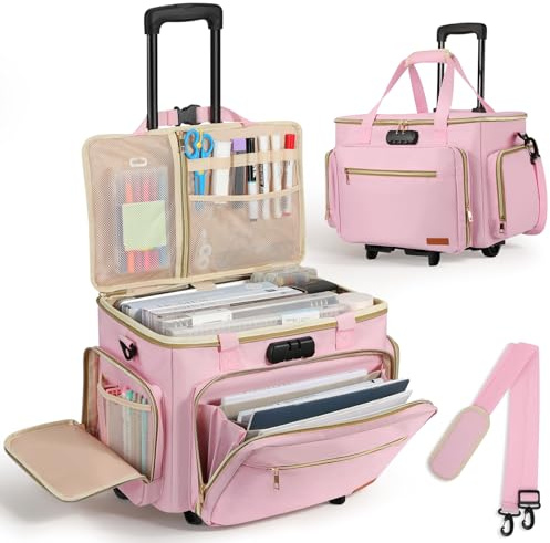 Housolution Rollende Lehrertasche mit Rädern, Lehrertasche mit abnehmbarem Trolley, Laptop-Arbeitskoffer auf Rädern, Aktenkoffer mit Akkordeonordner, passend für 15,6 Laptop, Rosa