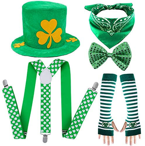 Qpout St. Patrick’s Day Costume Accessories, Leprechaun Shamrock Hat, Suspender, Striped Arm Warm Gloves, Green Bow Tie And Square Scarf, for Kids Women Men St. Patrick’s Day Party Favor Decoration