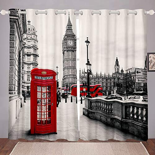 Tbrand London Stadt 3D Drucken Vorhänge Rot Telefonzelle Fenstervorhang Microfaser Grau Modern City Landschaft Blickdichte Vorhänge Kinder Mädchen 137x117cm