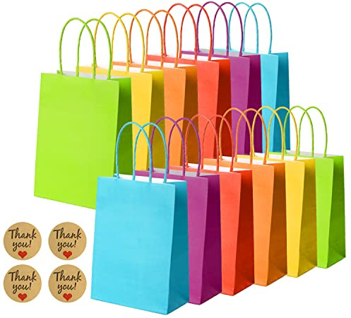 NADSSJL 30 Pcs Paper Party Bags, Gift and Sweet Bags with Handles, Kraft Bags with Stickers, Paper Party Bags for Kids Party, Celebrations, Baby Shower, Birthday, Halloween, Christmas -15 x 8 x 21 cm