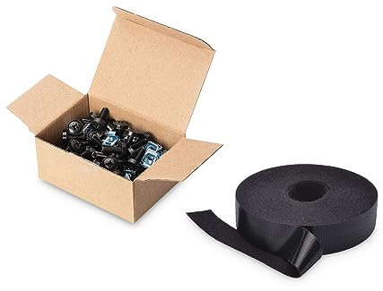 DIGITUS Set: M6 Schrauben & Käfigmuttern – 50 Stück – Für 19-Zoll & 10-Zoll Schränke – Schwarz + Klettband für Kabelmanagement