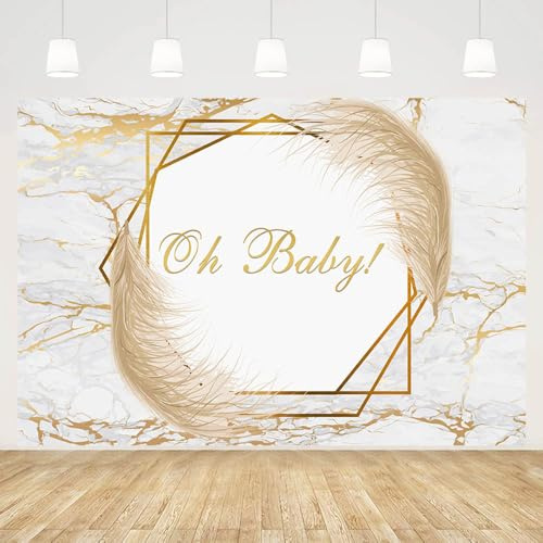 MEHOFOND Toile de fond thème bohème Oh Baby 2,1 x 1,5 m pour photographie,marbre doré,herbe de la pampa,décoration de fête,table de gâteau,fête prénatale,arrière-plan ,fournitures cadeaux