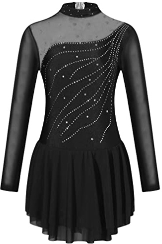 Agoky Vestido de Patinaje sobre Hielo para Niña Leotardo Manga Larga Maillot de Danza Ballet Gimnasia Competición Traje de Patinaje Artístico D Negro 13-14 años
