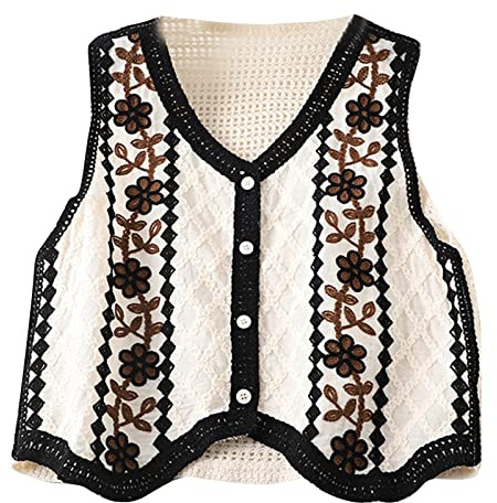 Women Vintage Hollow-Out Crochet Knit Sleeveless Vest Waistcoat Button Up Diamond Floral Loose Crop Cardigan Top