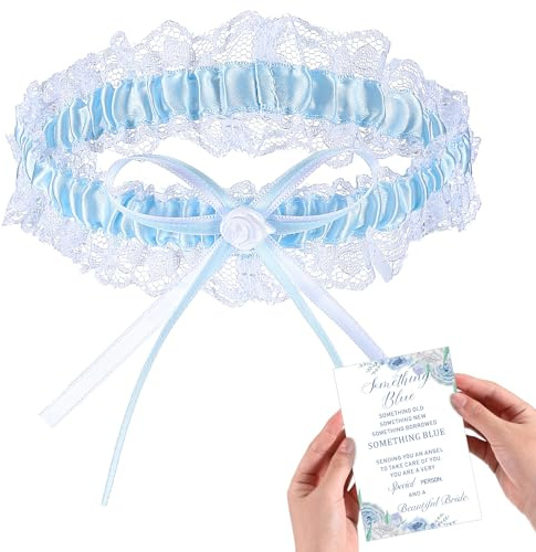 SATINIOR Blue for The Bride Bridal Garter Wedding Lace White and Blue Garter and Wedding Congratulations Card, White Bow Lace Garter for Brides Wedding Bride Garter for Bridal Party Decor