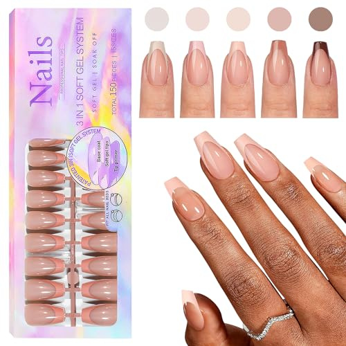CHANGAR 150 puntas de uñas de gel francés extracortas, puntas de manicura francesa, con base preaplicada y capa base, no requiere limar (marrón – trapezoidal)