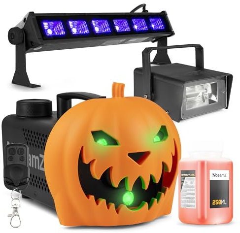 BeamZ S553L Máquina de humo decoración de Halloween con cabeza de calabaza LED, máquina de humo de 550w, flash estroboscópico y foco UV, decoración de calabaza, efecto de luz, efecto de sonido