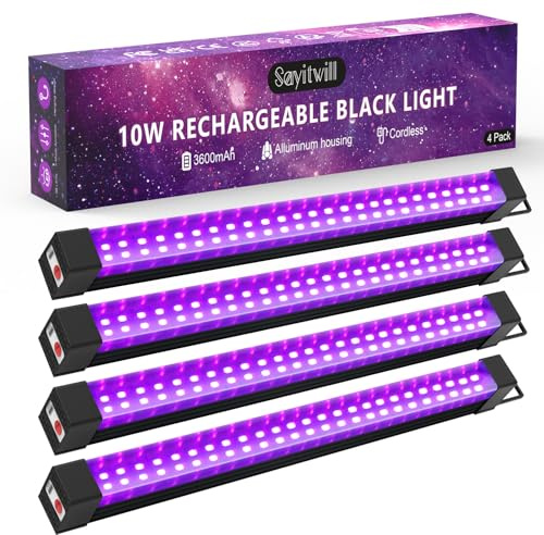 Rechargeable Black Light Bar 4 Packs, Battery Powered Black Lights for Glow Party, Cordless UV Strip Lights with On/Off/Dimma/Flash Switch, for Neon,Uranium Glass, Classroom,Paint, Poster,Stage