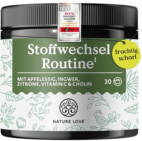 NATURE LOVE® Stoffwechsel Routine 150g – Stoffwechseldrink mit Apfelessig, Ingwer Shot & Zitrone – mit Vitamin C & Cholin – vegan, ohne unnötige Zusätze – in Deutschland produziert & laborgeprüft