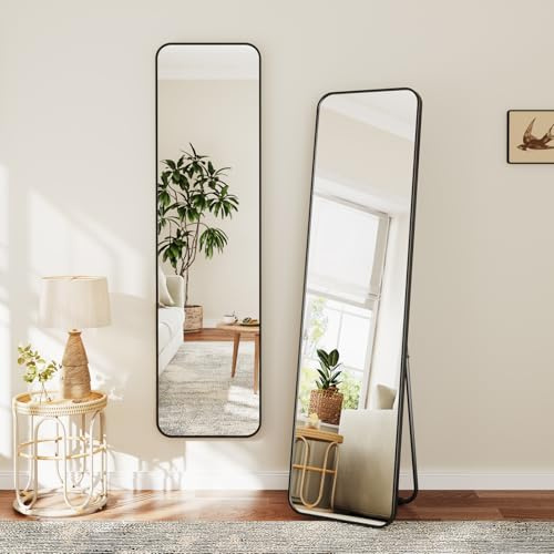 Dripex Rectangular Full Length Mirror, Freestanding, 150 x 40 cm, Black | No Assembly Required, Curved Corners, Aluminium Alloy Frame, HD Tempered Glass, Non-Slip Stand, Fixing Kit Included