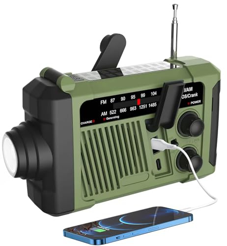 Radio de Emergencia Am/FM Radio Solar de grieta de Mano Alarma SOS operada por batería y Linterna de Emergencia (Verde)