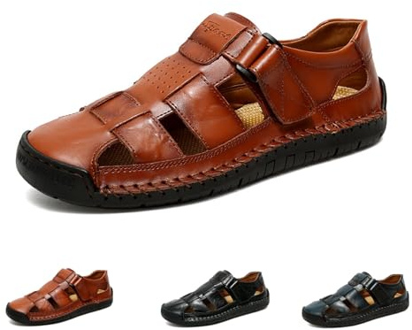 Sandalias huecas de cuero elegantes para hombre, sandalias de vestir de cuero con puntera cerrada, antideslizantes, para senderismo, verano, antideslizantes, sandalias de playa con correa ajustable