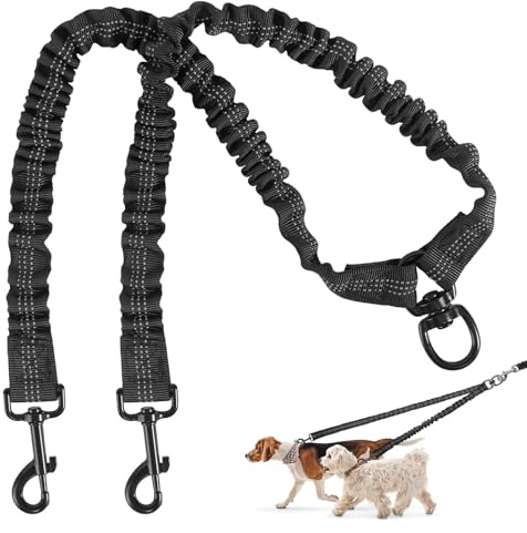 Double Dog Leash, 360° Swivel No Tangle Dog Leash for 2 Dogs, Black Shock Absorbing Reflective Bungee Double Leashs for Medium Dogs Walking Training