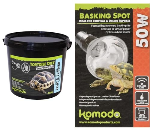 Komodo Tortoise Nutrition & Heating Bundle – Complete Holistic Tortoise Diet Fruit & Flower 2kg Tub + Basking Spot Bulb 50W, Adjustable Temperature Lighting for Terrariums