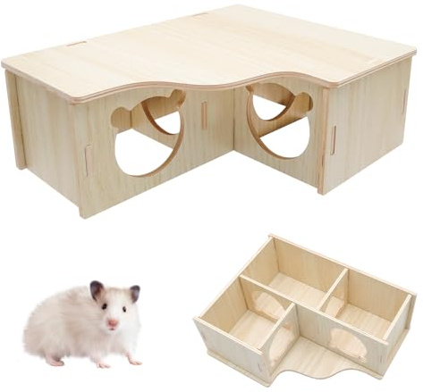 HENGBIRD Maison Hamster Bois 3 pièces – Maison Hamster à Plusieurs Chambres résistante à l’Eau, cachette Hamster en Bois Naturelle et écologique, Maison Hamster Cage Facile à Nettoyer pour rongeurs