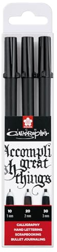 SAKURA Set di calligrafi Pigma - 3 dimensioni di penna 0,1/0,2/0,3 mm, inchiostro nero - pennino in nylon resistente per calligrafia, scrittura a mano, journaling