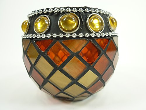2 x Windlicht-Glas Mosaik handgearbeitet Teelichthalter H7,5xD7cm Kerzenhalter Teelicht-Glas Dekovase Tischdekoration (Rot-Gold-gelbe Steine)