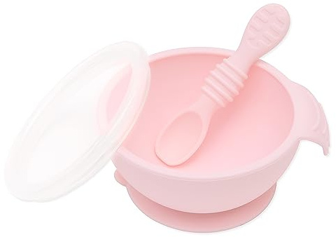 Bumkins Suction Silicone Baby Feeding Set, Bowl, Lid, Spoon, BPA-, First Feeding, Baby Led Weaning - Baby Pink