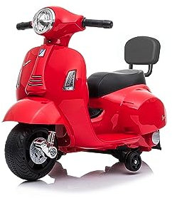 Kinder-Elektro-Motorrad 6 Volt Vespa Elektro-Kinderroller von Babycar mit Rückenlehne – Vespa Elektro-Kinderroller mit Fußgas und MP3-Zugang mit integrierten Lichtern und Sounds (Rot)