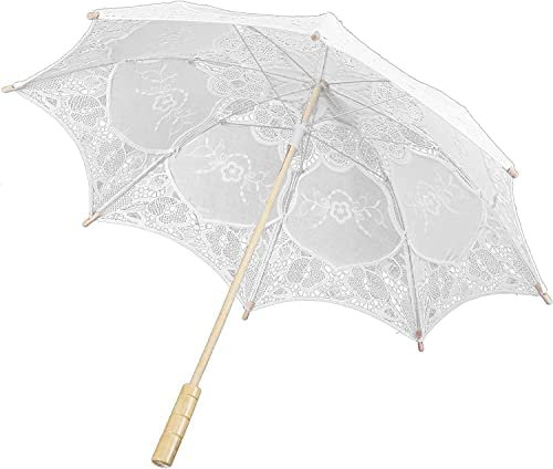 Zerodis Hochzeitsschirm Spitze Vintage Braut Regenschirm Lace Parasol Umbrella Hochzeit Weiße Baumwolle Holzgriff Dekoration Regenschirm (43,2 x 51 cm) (Weiß)